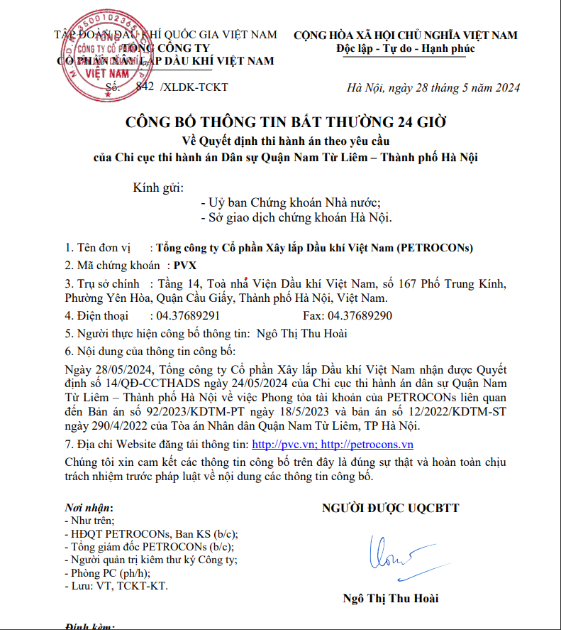 PVX CBTT bất thường 24 giờ về Quyết định THA theo yêu cầu của Chi cục THADS Quận Nam Từ Liêm - TP Hà Nội